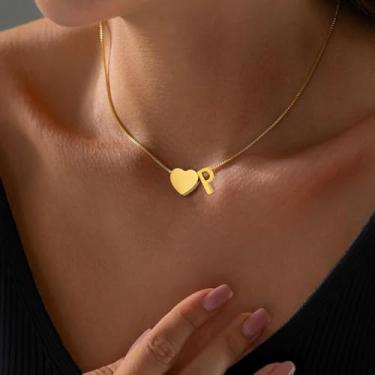 Imagem de Colar feminino, colar de inicial personalizado com coração, pingente de letra A a Z em ouro para mulheres, colar de nome delicado, presente sentimental para namorada, melhor amiga, 45+5cm, Aço