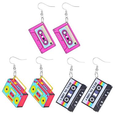 Imagem de 3 pares de brincos de fita cassete vintage anos 80 anos 90 brincos de neon para mulheres, brincos geométricos retrô com pingente de gota, cor doce, brinco de argola, cosplay, joias, acessórios de