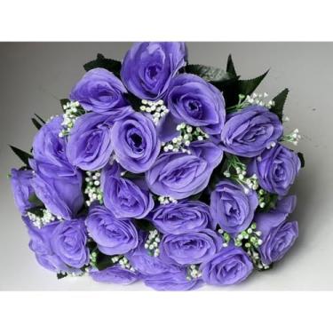 Imagem de Rosa Artificial Decorativa com 24 Flores – Buquê para Arranjos, Festas, Casamento e Decoração de Interiores(Lilás,Kit com 2)
