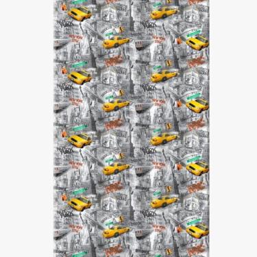 Imagem de Cortina de Box Estampada New York com Ganchos, PVC, Cinza e Amarelo, 1,38m x 1,98m, Antimofo, 6 Ganchos Inclusos