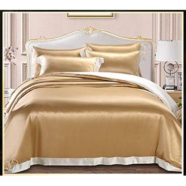 Imagem de Lençóis de capa de colcha de seda natural, 4 peças, mantém aquecido, tecido 1,8 m/2,0 m, grampeado longo, nobre, elegante, confortável, cinza 200 x 230, 4 peças (ouro 200 x 230 4 peças)