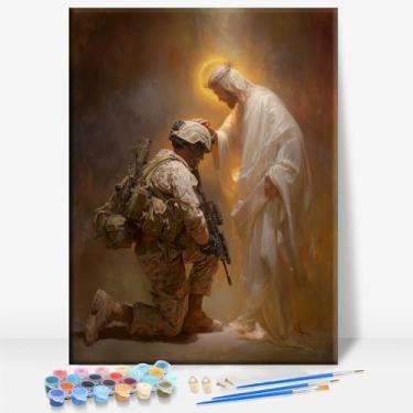 Imagem de HUINORYA Jesus Blessing The Soldier Military Enforcement Tela emoldurada DIY Kit de pintura por números bar café caverna casa de banho parede banheiro varanda pátio decoração presente, 40,6 x 30,5 cm