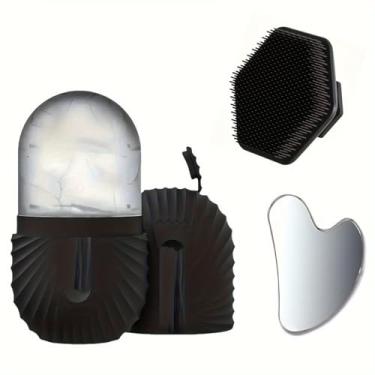 Imagem de Conjunto de 3 peças de massagem para cuidados faciais, incluindo molde de máscara facial de gelo, escova de massagem de limpeza de silicone e uma placa Gua Sha de aço inoxidável para massagem facial e