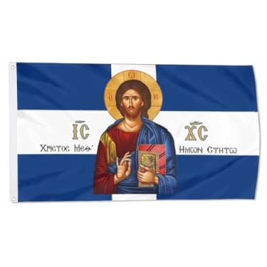 Imagem de Bandeira de Jesus Cristo Grego Ortodoxo Bizantino Cristo com os EUA em bandeiras gregas reais banner 0,9 x 1,5 m 150D poliéster com ilhós de latão