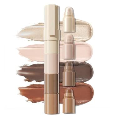 Imagem de Erinde Bastão de contorno e iluminador empilhável 4 em 1, lápis cremoso multiuso de sombreamento e iluminação, tom frio, cinza marrom e bronzeador quente, destaque fosco e branco pérola, giz de cera