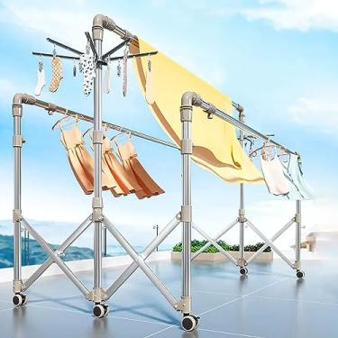 Imagem de Escorredor móvel de aço inoxidável com rodízios, secador de roupas extensível, grande espaço para secagem, inclui suporte de bandeja de meias, design de 3 polos para secagem eficiente da lavanderia
