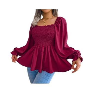 Imagem de Blusa De Chiffon Feminina Com Mangas Longas E Rendas, Top Peplum Em Co