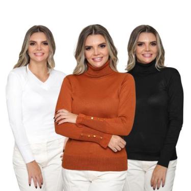 Imagem de Kit 3 Blusa Feminina Tricô Deconte V Gola Alta Manga Botão Lã Lisa Inv