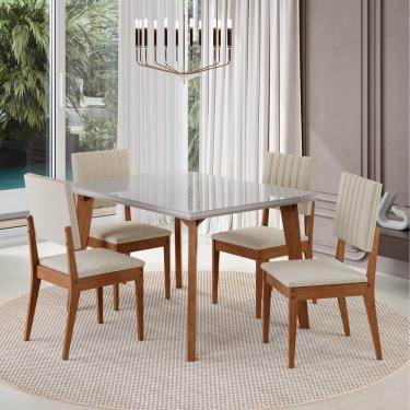 Imagem de Conjunto Sala de Jantar Mesa 120cm com Tampo de Vidro Dubai com 4 Cadeiras Milão Madetal - Mel/Nude/Bege