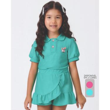 Imagem de Conjunto blusa polo shorts saia babado verão charmoso leve fofo - Pink e Verde - Menina 4 a 14 anos-Feminino