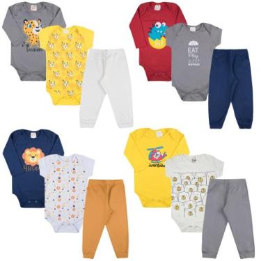 Imagem de Kit Body Bebê Estampado Manga Longa e Manga Curta com Calça Mijão 12 P