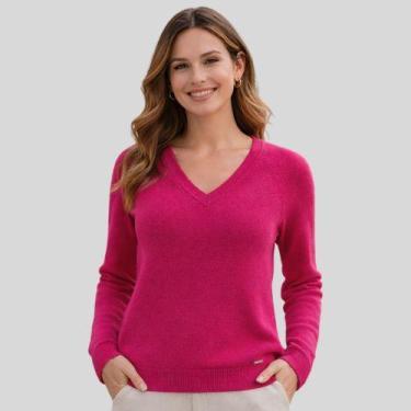 Imagem de Suéter Feminino Gola V Manga Longa em Tricô Malwee, GG, Rosa