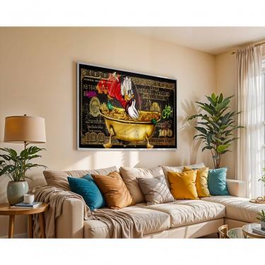 Imagem de Quadro Decorativo Banho Milionário Retangular 120 X 50 em Canvas com Vidro Moldura Caixa Preto