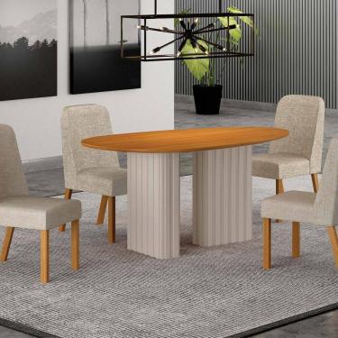 Imagem de Conjunto Sala de Jantar 4 Cadeiras Isis Tampo Orgânico Mdf 135cm Off White/ Palha