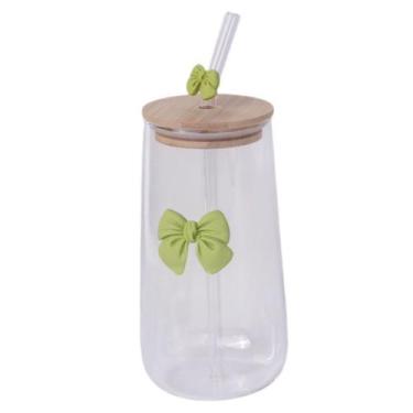 Imagem de Copo De Vidro Fofo Com Tampa E Canudo Laço De Coquette 500ml - Tesla S