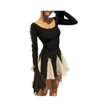 Imagem de Vestido Mini Preto Feminino Com Mangas Flare Em Patchwork, Decote O, E