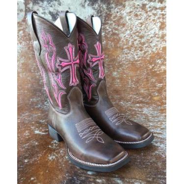 Imagem de Bota Texana Cano Alto Bordado Cruz Rosa - Gurian , Marrom, 37