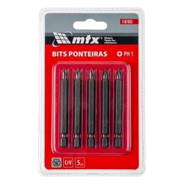 Imagem de Bits Philips PH1 1-4 Pol. 4x75mm Aço Crv 54 HRC Jateado para Parafusos Vermelho Kit 5 Peças MTX