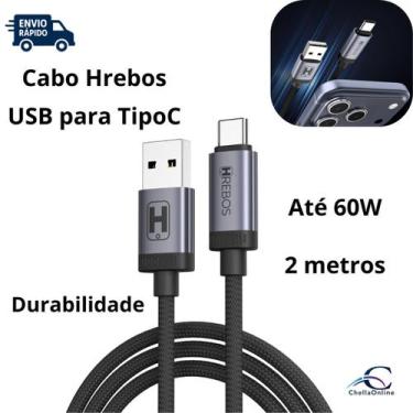 Imagem de Cabo 60W 2 metros Hrebos CB491C  USB para TipoC Reforçado Carregamento