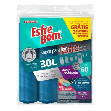 Imagem de Kit Saco de Lixo em Rolo Fundo Reforçado 30L com Esponja Multiuso Diamond Esfrebom Azul Bettanin