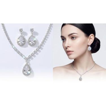 Imagem de Conjunto Brincos Feminino E Colar Prata ZircôniaFesta Luxo - MS CHOICE