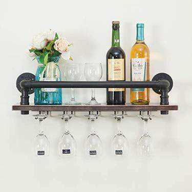 Imagem de Aeumruch Rack de vinho industrial montado na parede rack flutuante tubo rack pendurado rack garrafa de vinho e rack de vidro 1 prateleira de armazenamento de madeira para bar de decoração de casa