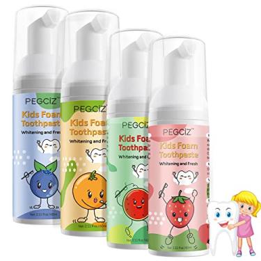 Imagem de Pasta de dente de espuma infantil com baixo flúor, pasta de dente de espuma anticavidade para crianças com 4 unidades com sabor de fruta fórmula natural para escova de dentes em forma de U para crianças a partir de 3 anos de idade e 62 ml/pacote