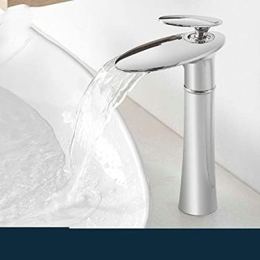 Imagem de Torneira de lavatório em cascata ouro branco quente frio misturador lavatório torneira de latão preto alto misturador de banheiro guindaste torneira de hardware doméstico, cromado alto N