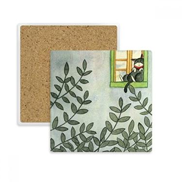 Imagem de Miaoji Pintura Aquarela Gato Exterior Janela Quadrada Porta-copos Caneca Suporte Subplaca Pedra Isolamento