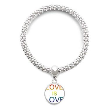 Imagem de DIYthinker LGBT Pulseira de prata com pingente de bandeira de arco-íris Love is Love is Love, bracelete ajustável