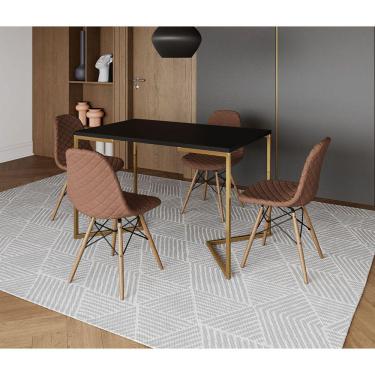 Imagem de Mesa Jantar Industrial + 4 Cadeiras Estofada Caramelo Madeira Tampo Preto 120x75 Base V Aço Dourado