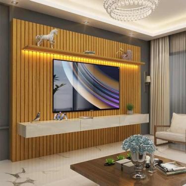 Imagem de Painel Ripado Com Nicho E Led Tv Até 85 Polegadas Naturale Off White Nobre Clean Gelius