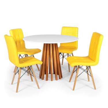 Imagem de Conjunto Mesa de Jantar Talia Amadeirada Branca 100cm com 4 Cadeiras Eiffel Gomos - Amarelo