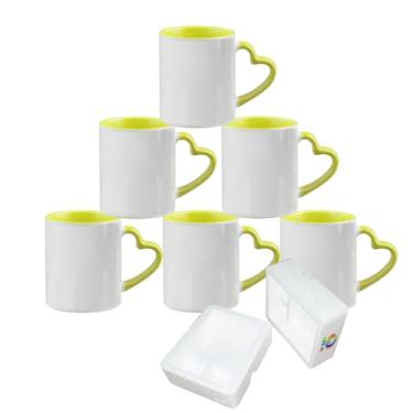 Imagem de MR.R Caneca de cerâmica de máquina de lavar louça em branco, copo revestido em branco, canecas em branco de sublimação, copo clássico com caneca interna de cor amarela e alça de coração, 325 ml, conjunto de 6