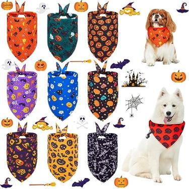 Imagem de Pacote com 9 bandanas para cães de Halloween, cachecol de morcego de abóbora, lenço de pescoço lavável, babadores para cães, babadores triangulares, acessórios para cães pequenos, médios e grandes,