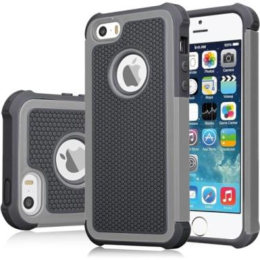 Imagem de Jeylly Capa para iPhone SE (1ª geração - 2016), capa para iPhone 5S, exterior de plástico rígido com absorção de choque + proteção interna de silicone de borracha para iPhone SE/5S - cinza e preto