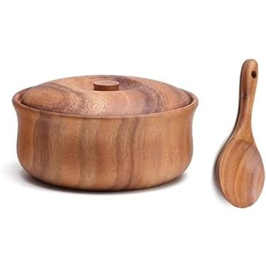 Imagem de Tigela de salada de madeira com tampa e colher, tigela de madeira de acácia para salada de frutas cereais massa de floco de milho, tigela de servir comida, decoração, festa-, m