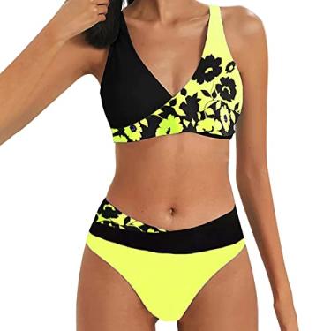 Imagem de Biquínis femininos de praia, roupa de banho, biquíni tanga grande, corte alto, controle de barriga, biquíni estilingue, Amarelo, P