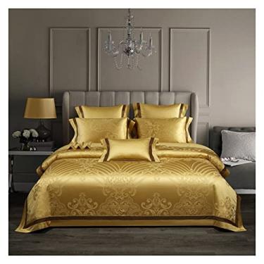 Imagem de Conjunto de capa de edredão de algodão jacquard queen king size conjunto de cama de algodão puro lençol macio (amarelo king size 6 peças)