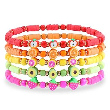 Imagem de Fire beetle Pulseiras coloridas com contas de frutas e rosto sorridente para mulheres, meninas, arco-íris, elásticos de argila, conjunto de pulseiras empilháveis de surfista Y2k Heishi feito à mão