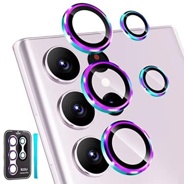Imagem de imluckies Protetor de lente de câmera para Samsung Galaxy S23 Ultra (2023), protetor de lente traseira de vidro temperado resistente a arranhões, capa de anel de lente de ajuste completo de liga de alumínio, colorido