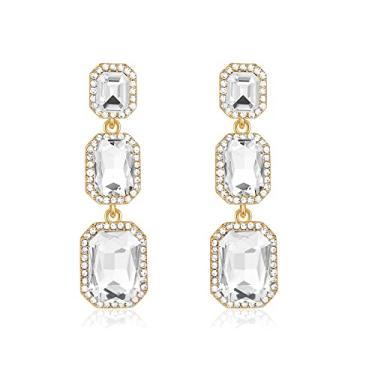 Imagem de Met-edianger Brincos de pingente de strass vintage clássicos, brincos de gota de cristal para casamento e noivas retangulares para mulheres e meninas, Zinco Aço inoxidável, Strass