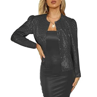 Imagem de CARUHIF Women's Sequin Jacket Button Long Sleeve Casual Party Sparkle Blazer(Z2344BK,2XL)