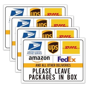 Imagem de 4 placas de entrega de pacotes para uso externo, instruções de entrega para Amazon, FedEx, DHL, Ups, Usps Sign, deixe os pacotes aqui, adesivos, adesivos de vinil, 25,4 x 18 cm.