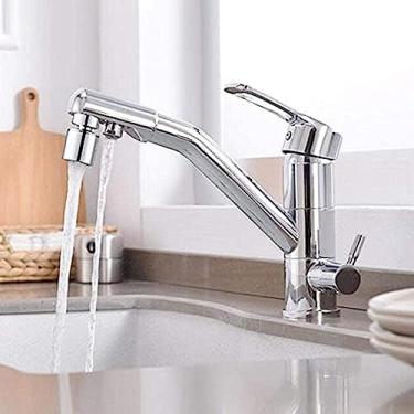 Imagem de Torneira com filtro de água de 3 vias Torneiras de cozinha 3 em 1 Torneira misturadora para pia de cozinha quente e fria Água pura potável direta 2 modos Torneira para pia de cozinha com fil