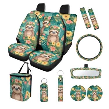 Imagem de Suobstales Capa protetora de assento de carro com estampa de preguiça fofa, capas de volante de folha de flor, capa de cinto de segurança, lata de lixo de carro, porta-copos para copos, capa de