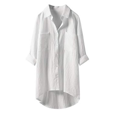 Imagem de Lainuyoah Vestidos de verão casuais para mulheres 2024 túnica moderna blusa de treino gola trabalho abotoado tops de linho, B - branco, G