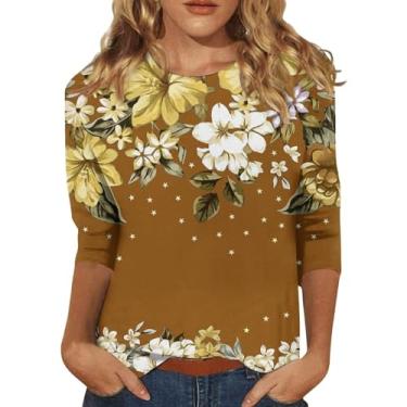 Imagem de Blusa feminina com estampa floral, gola redonda, caimento solto, manga 3/4, casual, túnica elegante, Caqui, M