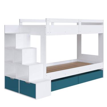 Imagem de Beliche Infantil com Escada, Nicho e Gavetas Branco com Azul