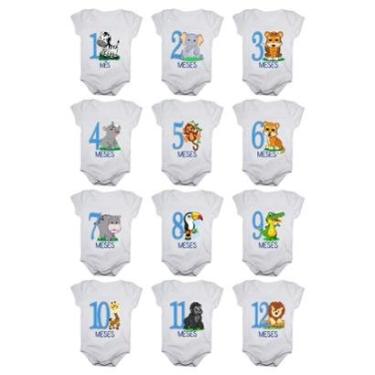 Imagem de Kit body mesversario manga curta safari 12 bodies de bebê 1 a 12 meses-Masculino